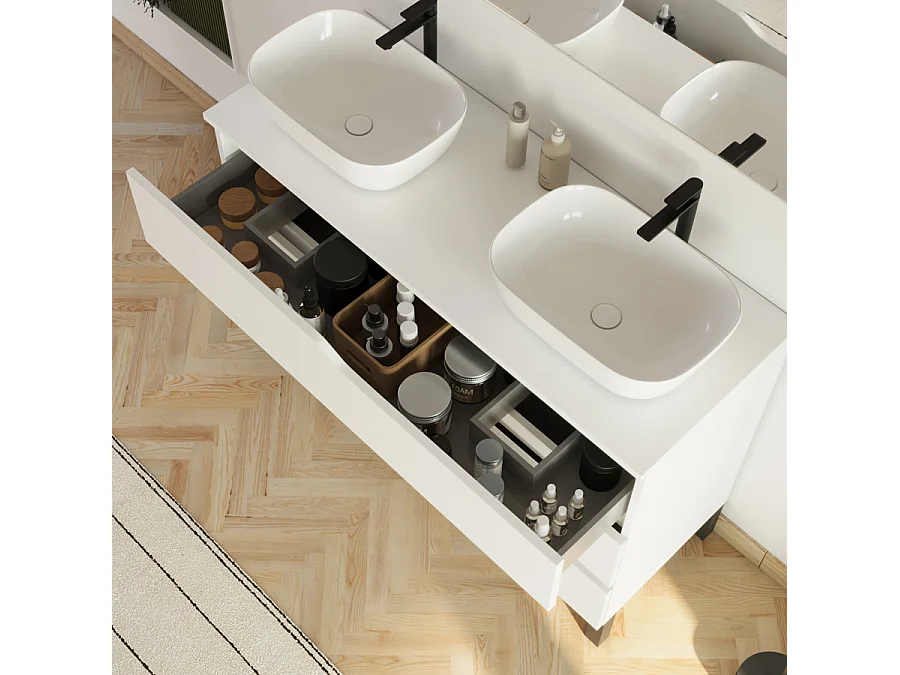 Meuble de salle de bain 120cm avec plateau et 2 vasques à poser Zeus - 3 tiroirs - blanc - MATA