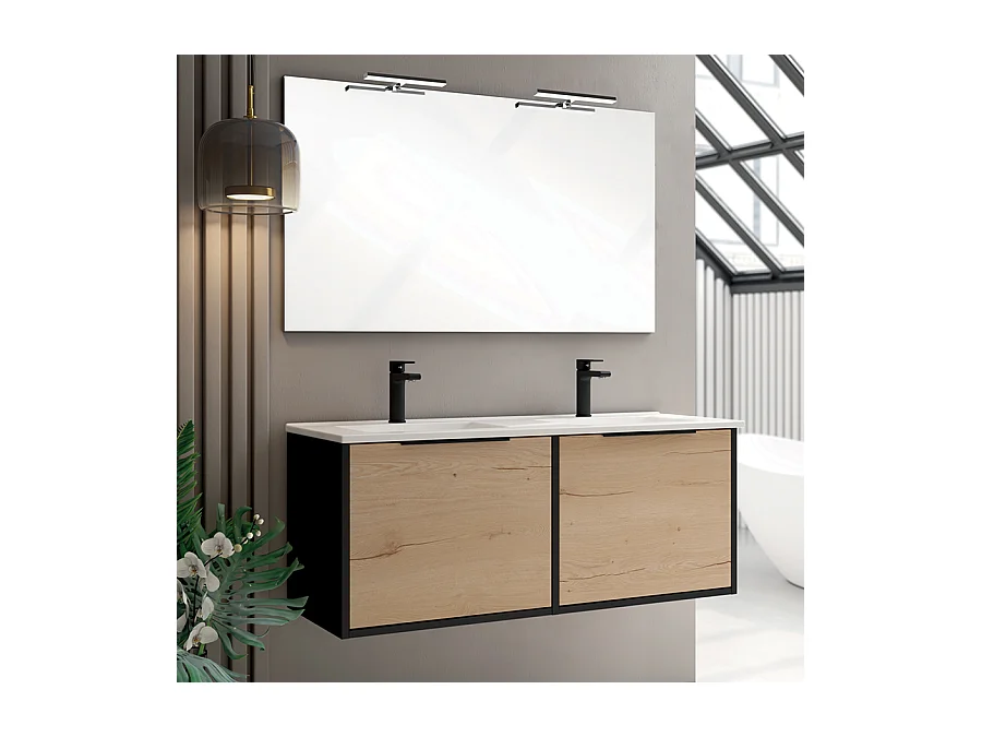 Meuble de salle de bain 120cm double vasque - 2 façades et 4 tiroirs - ALBA - noir/roble