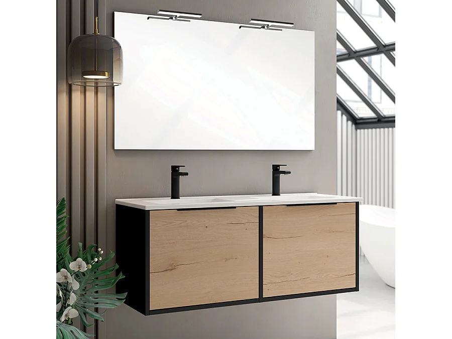 Meuble de salle de bain 120cm double vasque - 2 façades et 4 tiroirs - ALBA - noir/roble
