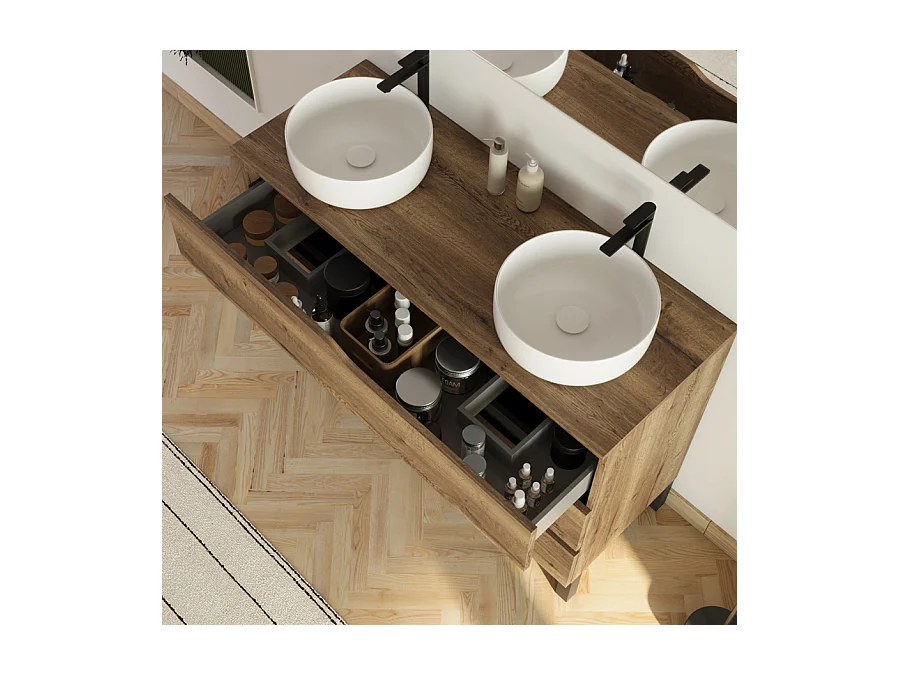 Meuble de salle de bain 120cm avec plateau et 2 vasques à poser Ares - 3 tiroirs - sans miroir - tabaco (chêne foncé) - MATA
