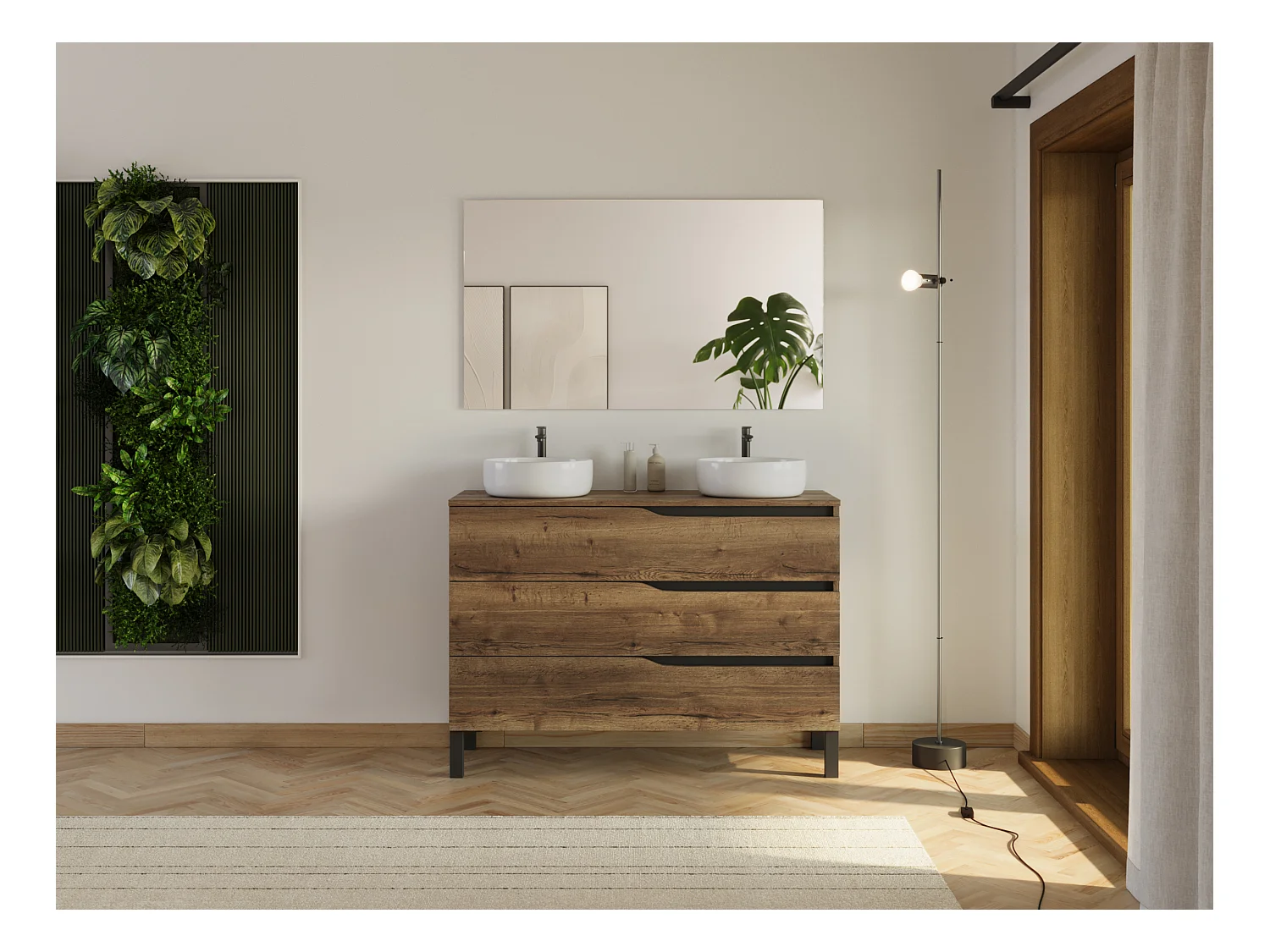 Meuble de salle de bain 120cm avec plateau et 2 vasques à poser Ares - 3 tiroirs - sans miroir - tabaco (chêne foncé) - MATA