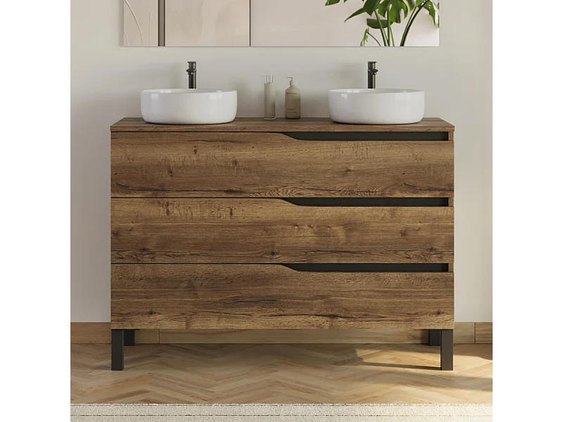 Meuble de salle de bain 120cm avec plateau et 2 vasques à poser Ares - 3 tiroirs - sans miroir - tabaco (chêne foncé) - MATA