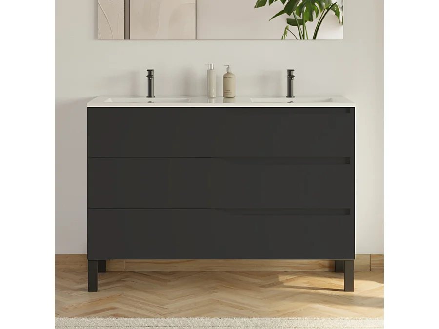 Meuble de salle de bain 120cm avec plan double vasque - 3 tiroirs - sans miroir - noir - MATA
