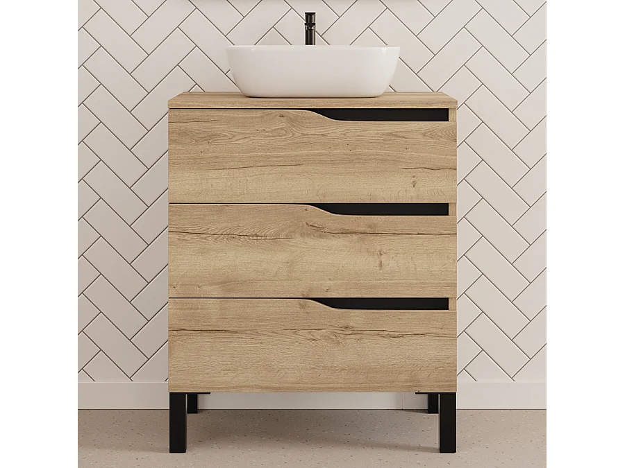 Meuble de salle de bain 90cm avec plateau et vasque à poser zeus - 3 tiroirs - sans miroir - madera miel (chêne clair) - MATA
