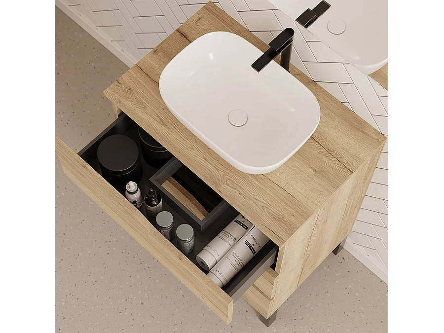 Meuble de salle de bain 90cm avec plateau et vasque à poser zeus - 3 tiroirs - sans miroir - madera miel (chêne clair) - MATA