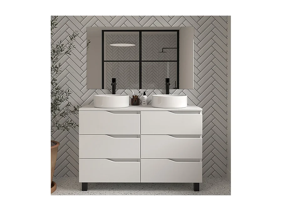 Meuble de salle de bain 120 avec plateau et 2 vasques à poser - 6 tiroirs - blanc - MATA