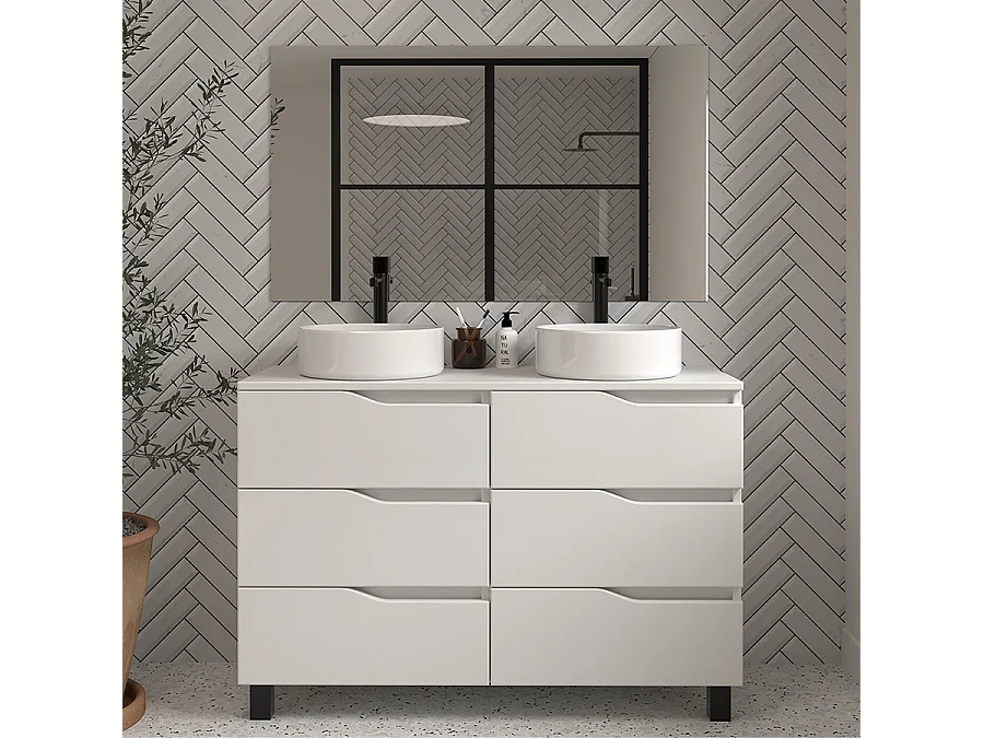 Meuble de salle de bain 120 avec plateau et 2 vasques à poser - 6 tiroirs - blanc - MATA