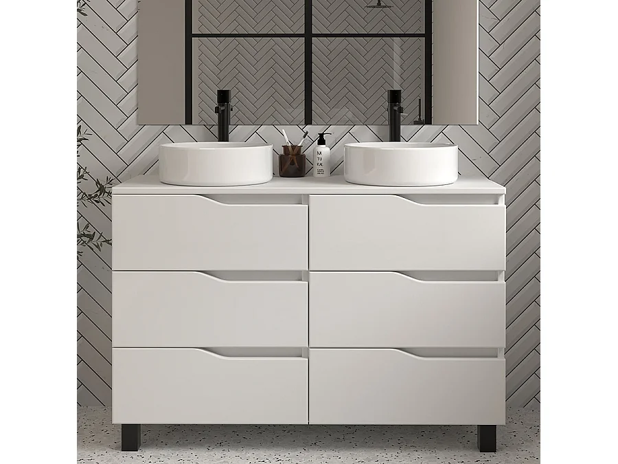 Meuble de salle de bain 120 avec plateau et 2 vasques à poser - 6 tiroirs - blanc - MATA