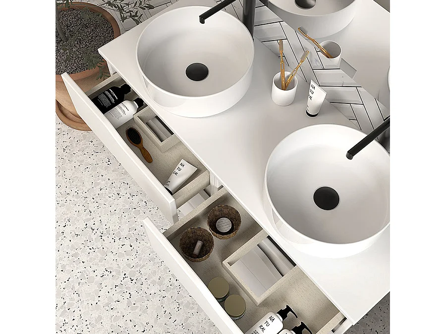 Meuble de salle de bain 120 avec plateau et 2 vasques à poser - 6 tiroirs - blanc - MATA