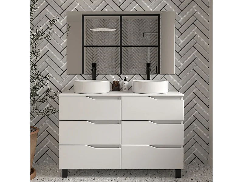 Meuble de salle de bain 120 avec plateau et 2 vasques à poser - 6 tiroirs - blanc - MATA