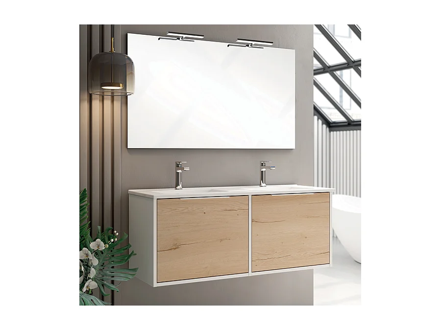 Meuble de salle de bain 120cm double vasque - 2 façades et 4 tiroirs - ALBA - blanc/roble