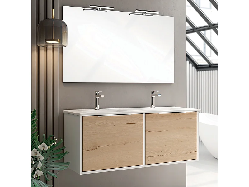 Meuble de salle de bain 120cm double vasque - 2 façades et 4 tiroirs - ALBA - blanc/roble