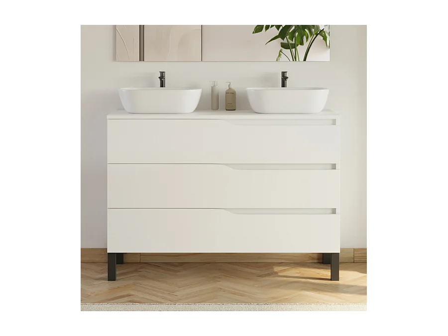 Meuble de salle de bain 120cm avec plateau et 2 vasques à poser Zeus - 3 tiroirs - sans miroir - blanc - MATA