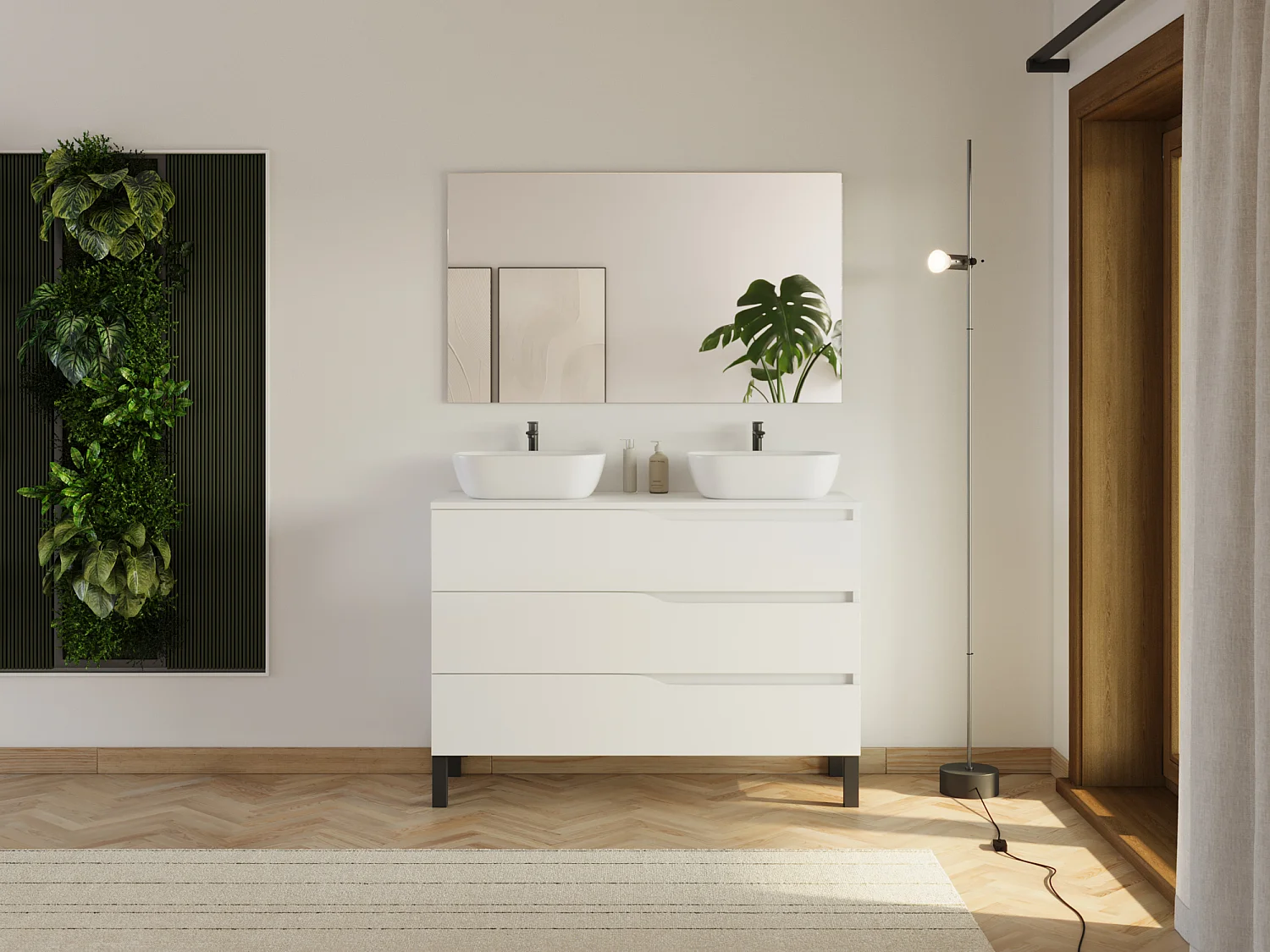 Meuble de salle de bain 120cm avec plateau et 2 vasques à poser Zeus - 3 tiroirs - sans miroir - blanc - MATA
