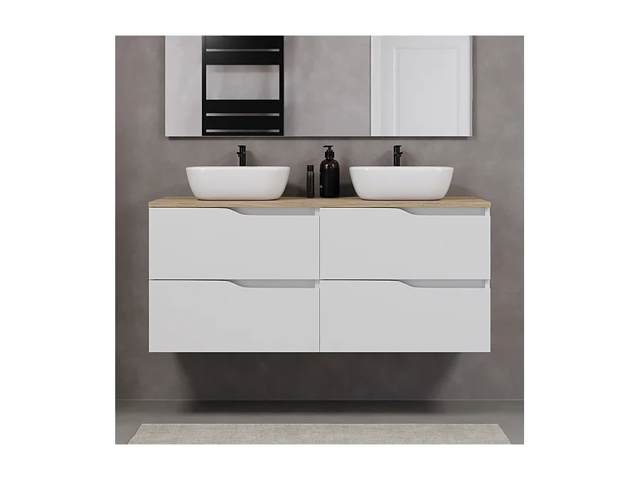 Meuble de salle de bain 120cm avec plateau miel et deux vasques à poser zeus - 4 tiroirs - sans miroir - blanc - LUNA