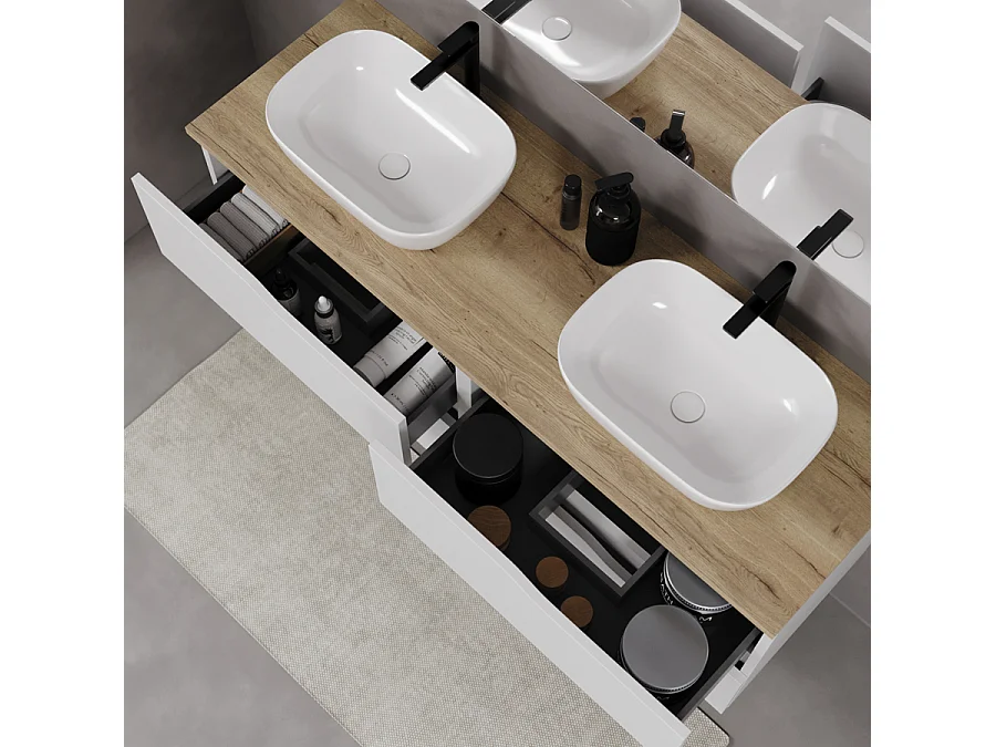 Meuble de salle de bain 120cm avec plateau miel et deux vasques à poser zeus - 4 tiroirs - sans miroir - blanc - LUNA