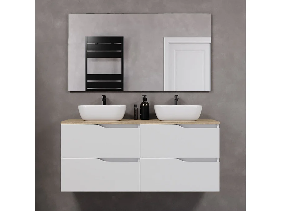 Meuble de salle de bain 120cm avec plateau miel et deux vasques à poser zeus - 4 tiroirs - sans miroir - blanc - LUNA