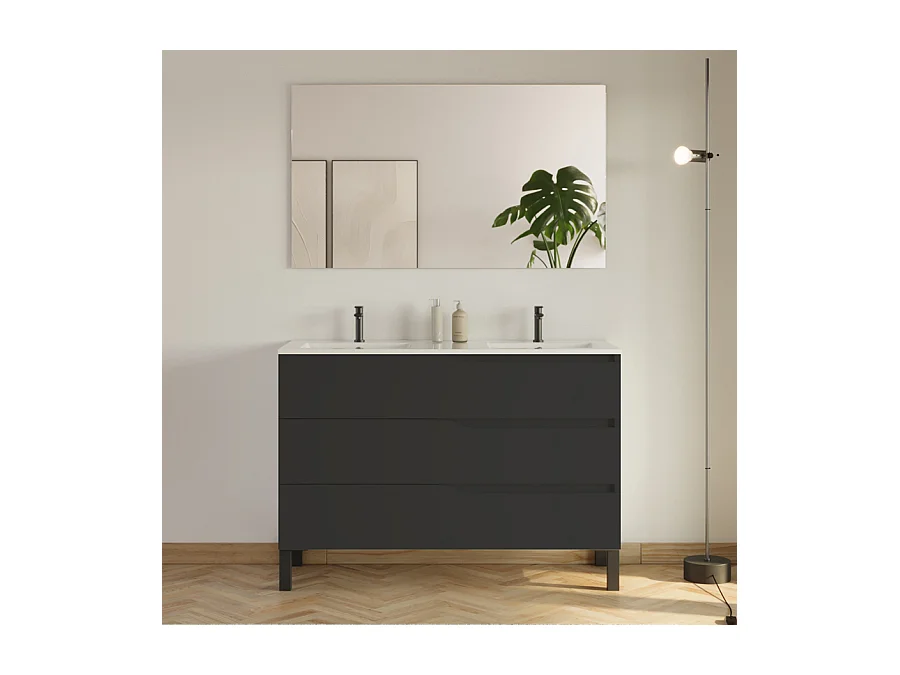 Meuble de salle de bain 120cm avec plan double vasque - 3 tiroirs - tabaco (chêne foncé) - MATA