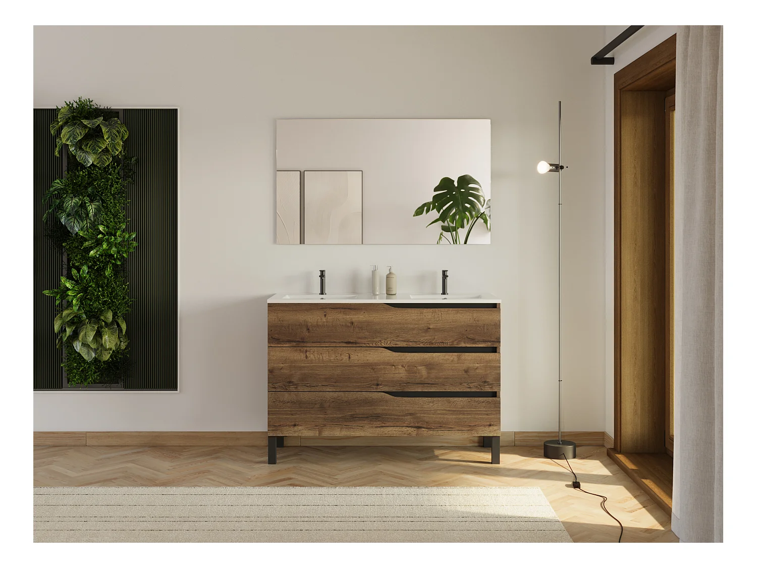 Meuble de salle de bain 120cm avec plan double vasque - 3 tiroirs - tabaco (chêne foncé) - MATA