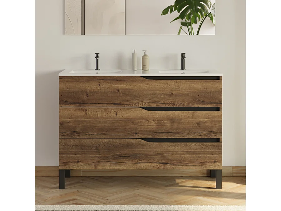 Meuble de salle de bain 120cm avec plan double vasque - 3 tiroirs - tabaco (chêne foncé) - MATA