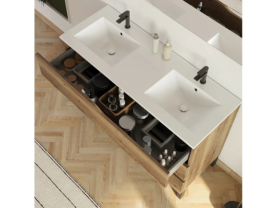 Meuble de salle de bain 120cm avec plan double vasque - 3 tiroirs - tabaco (chêne foncé) - MATA