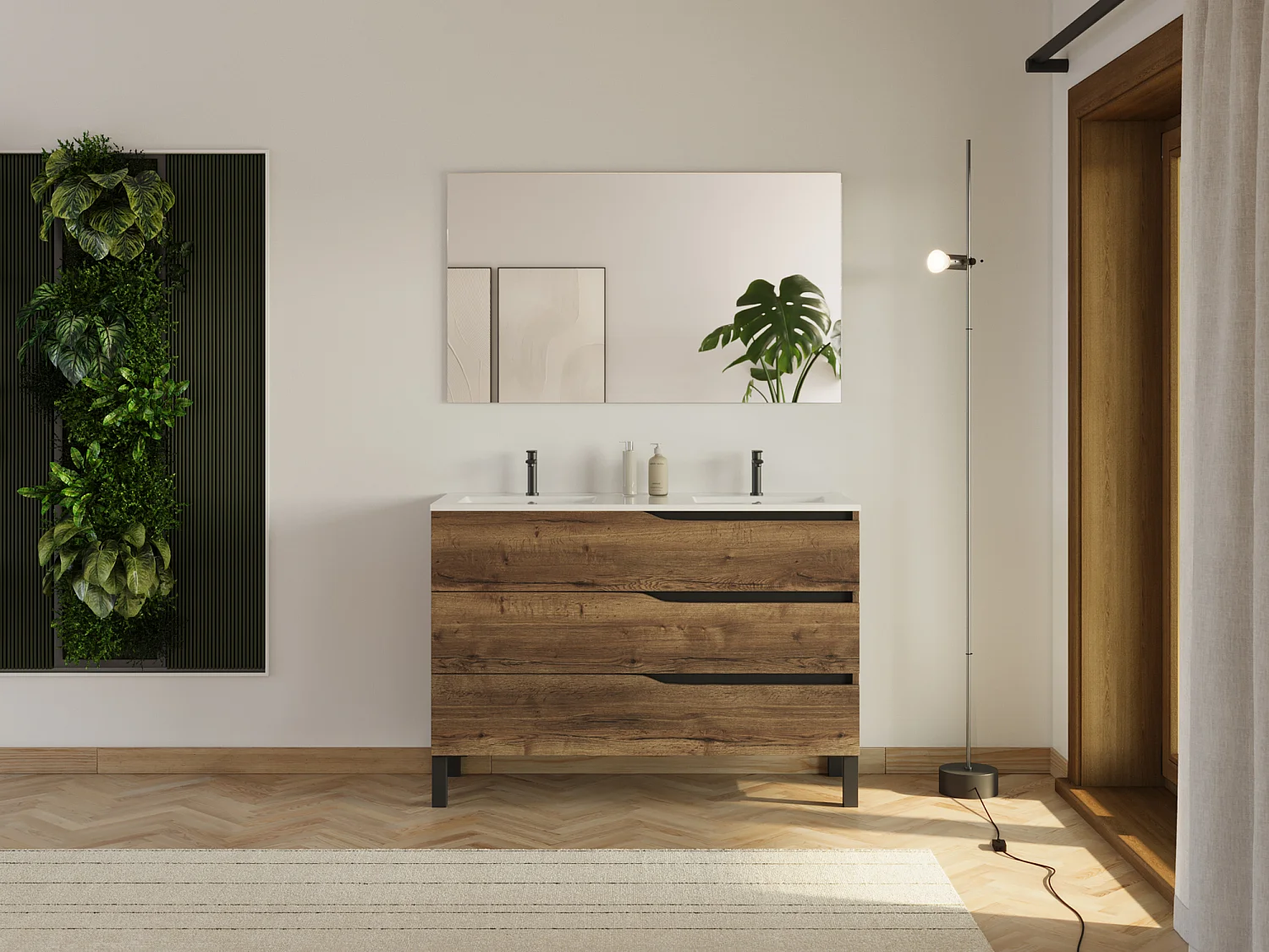 Meuble de salle de bain 120cm avec plan double vasque - 3 tiroirs - tabaco (chêne foncé) - MATA