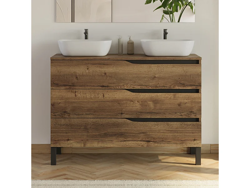 Meuble de salle de bain 120cm avec plateau et 2 vasques à poser Zeus - 3 tiroirs - sans miroir - tabaco (chêne foncé) - MATA
