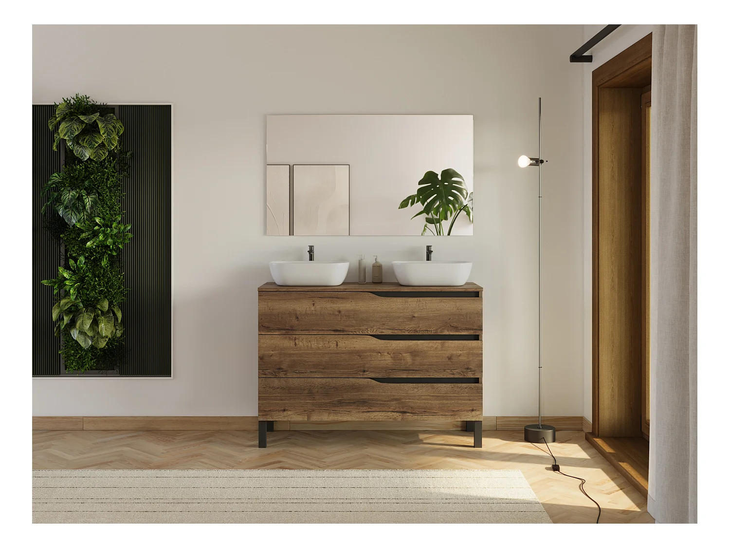 Meuble de salle de bain 120cm avec plateau et 2 vasques à poser Zeus - 3 tiroirs - sans miroir - tabaco (chêne foncé) - MATA