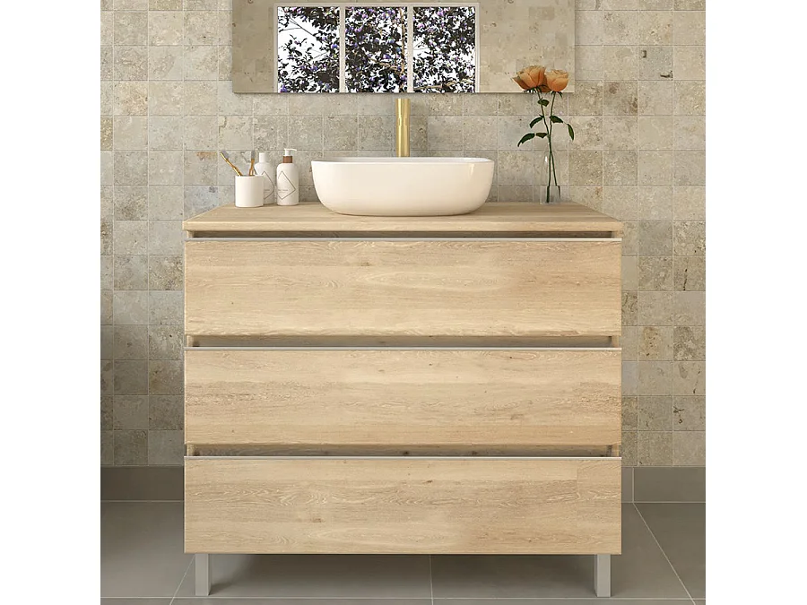 Meuble de salle de bain avec vasque à poser arrondie PALMA et miroir Led STAM - Bambou (chêne clair) - 100cm