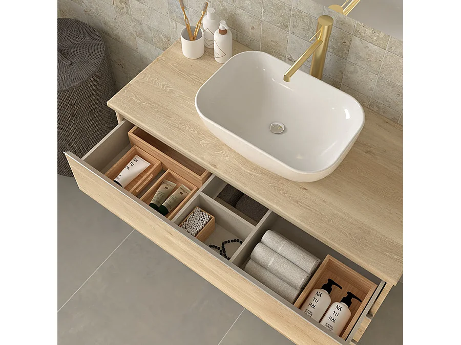 Meuble de salle de bain avec vasque à poser arrondie PALMA et miroir Led STAM - Bambou (chêne clair) - 100cm