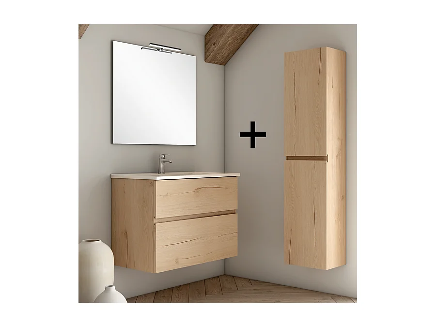 Ensemble meuble de salle de bain 80cm simple vasque + colonne de rangement MIG - roble (chêne clair)