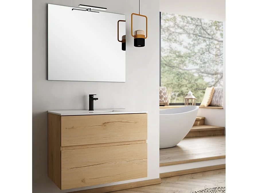 Ensemble meuble de salle de bain 80cm simple vasque + colonne de rangement MIG - roble (chêne clair)