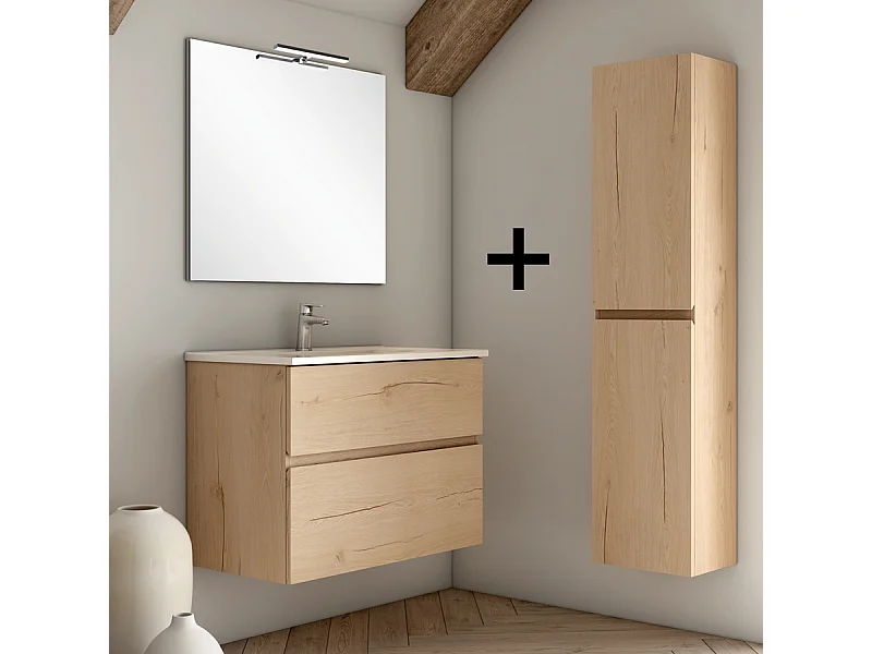 Ensemble meuble de salle de bain 80cm simple vasque + colonne de rangement MIG - roble (chêne clair)