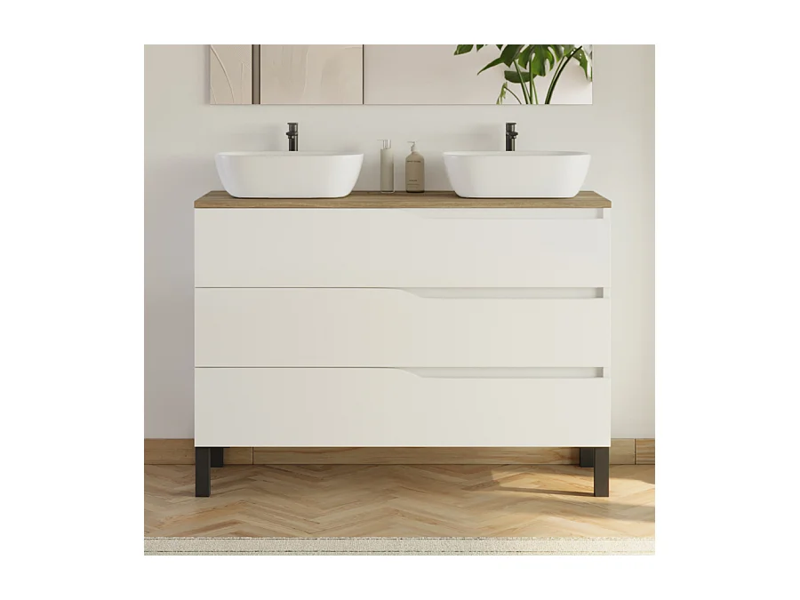 Meuble de salle de bain 120cm avec plateau miel et 2 vasques à poser Zeus - 3 tiroirs - sans miroir - blanc - MATA