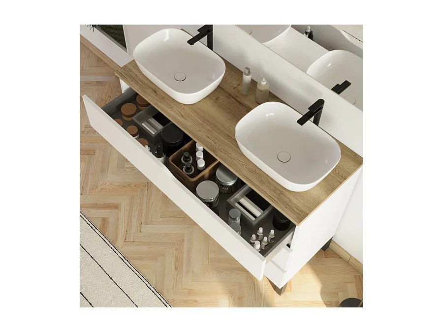 Meuble de salle de bain 120cm avec plateau miel et 2 vasques à poser Zeus - 3 tiroirs - sans miroir - blanc - MATA