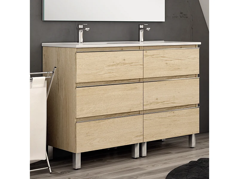 Meuble de salle de bain 140cm double vasque - 6 tiroirs - sans miroir - PALMA - bambou (chêne clair)
