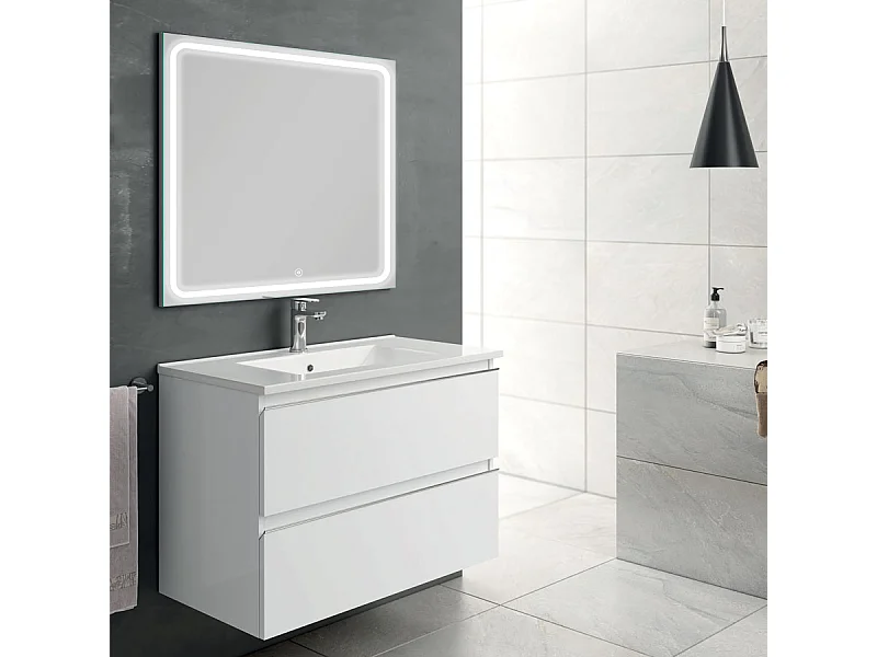 Meuble de salle de bain simple vasque - 2 tiroirs - BALEA et miroir Led VELDI - blanc - 80cm