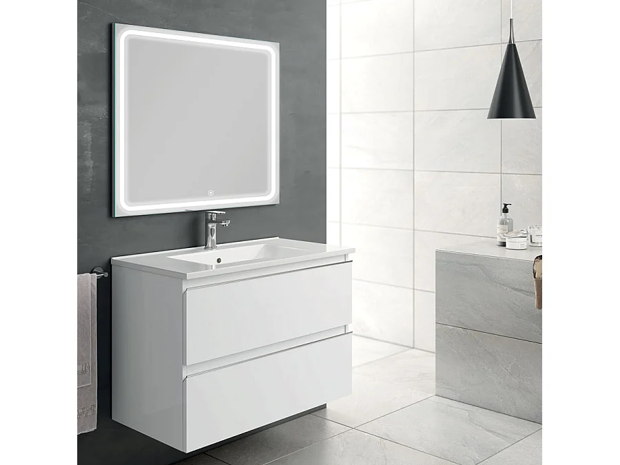 Meuble de salle de bain simple vasque - 2 tiroirs - BALEA et miroir Led VELDI - blanc - 80cm