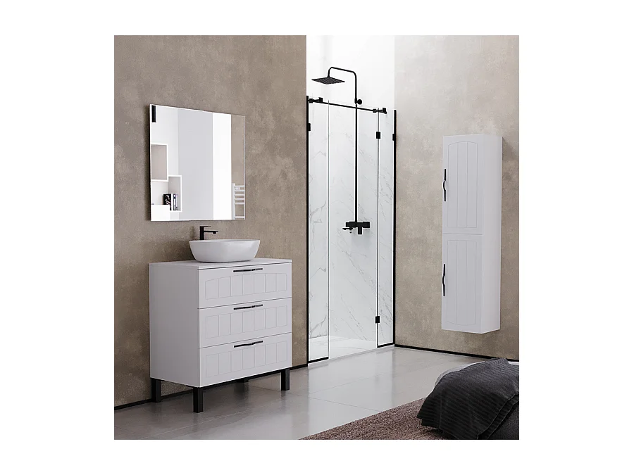 Meuble de salle de bain 80cm avec plateau et vasque à poser ovale - 3 tiroirs - sans miroir - blanc - CALA