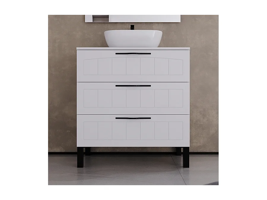 Meuble de salle de bain 80cm avec plateau et vasque à poser ovale - 3 tiroirs - sans miroir - blanc - CALA