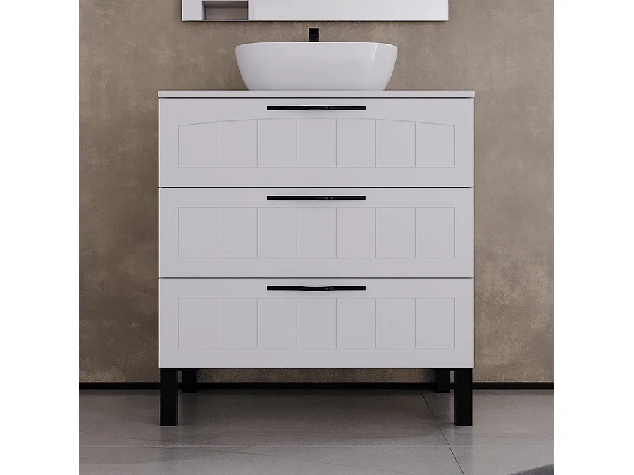 Meuble de salle de bain 80cm avec plateau et vasque à poser ovale - 3 tiroirs - sans miroir - blanc - CALA