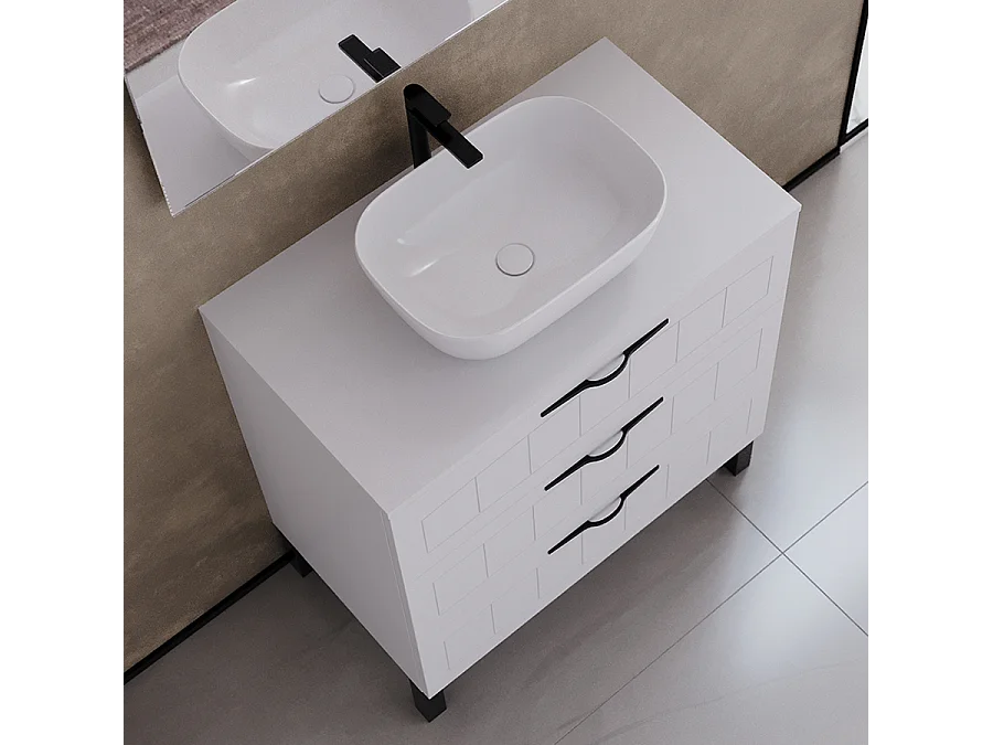 Meuble de salle de bain 80cm avec plateau et vasque à poser ovale - 3 tiroirs - sans miroir - blanc - CALA