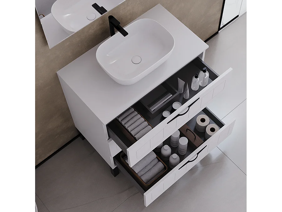 Meuble de salle de bain 80cm avec plateau et vasque à poser ovale - 3 tiroirs - sans miroir - blanc - CALA