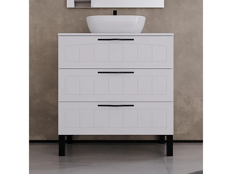 Meuble de salle de bain 80cm avec plateau et vasque à poser ovale - 3 tiroirs - sans miroir - blanc - CALA