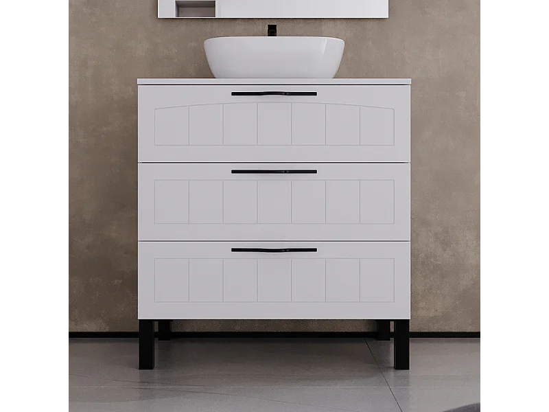 Meuble de salle de bain 80cm avec plateau et vasque à poser ovale - 3 tiroirs - sans miroir - blanc - CALA