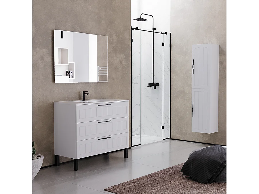 Meuble de salle de bain 90cm simple vasque - 3 tiroirs - sans miroir - blanc - CALA