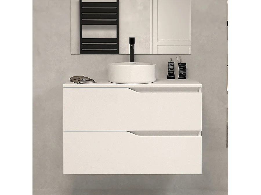Meuble de salle de bain 80 avec plateau et vasque à poser - sans miroir - 2 tiroirs - blanc - LUNA