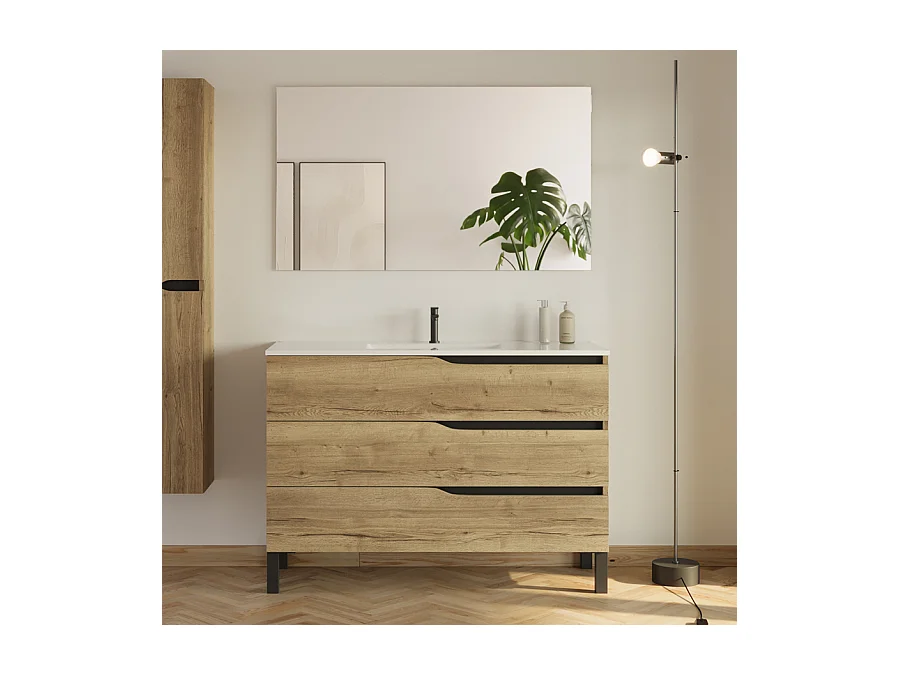 Meuble de salle de bain 120cm simple vasque - 3 tiroirs - madera miel (bois clair) - MATA