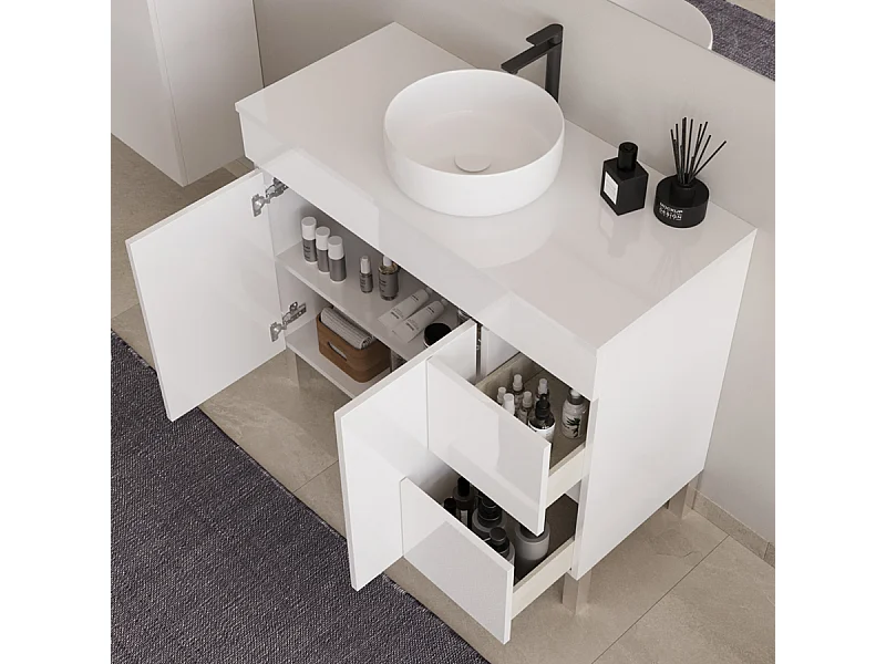 Meuble de salle de bain 100cm sur pieds avec plateau et une cuve à poser ronde - sans miroir - portes et tiroirs - blanc - HARO