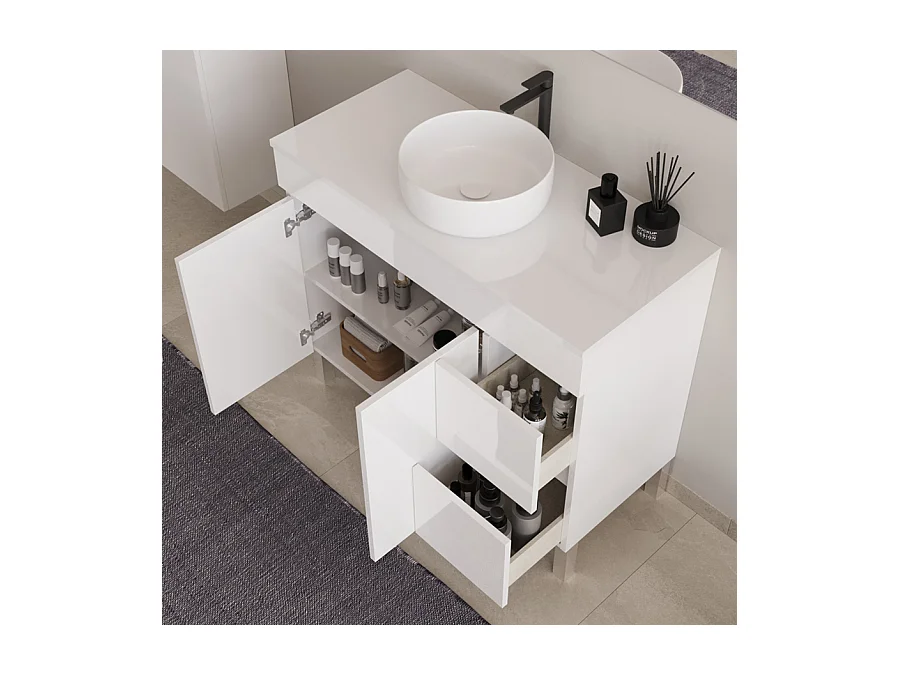 Meuble de salle de bain 100cm sur pieds avec plateau et une cuve à poser ronde - sans miroir - portes et tiroirs - blanc - HARO